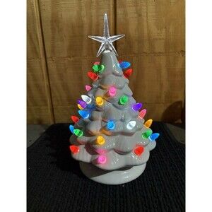 11” Classic Lighted white Ceramic Christmas Tree Green w Star Battery Operated